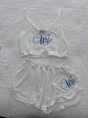 Rare Wildfox White Tank & Shorts Sleep Set with Blue "Wife" Script